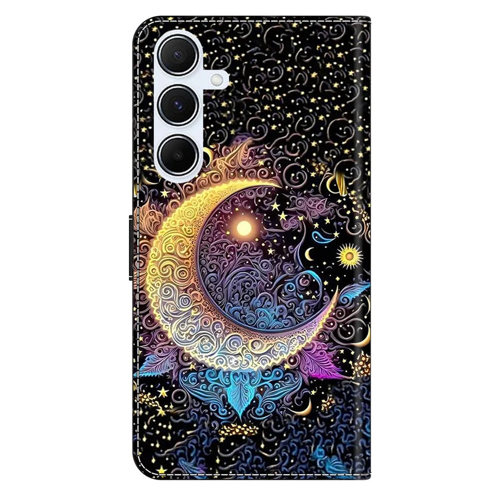 For Samsung Galaxy A16 5G  /  4G Case Wallet Stand Pattern Printing PU Leather Flip Phone Cover - Bright Moon - 7