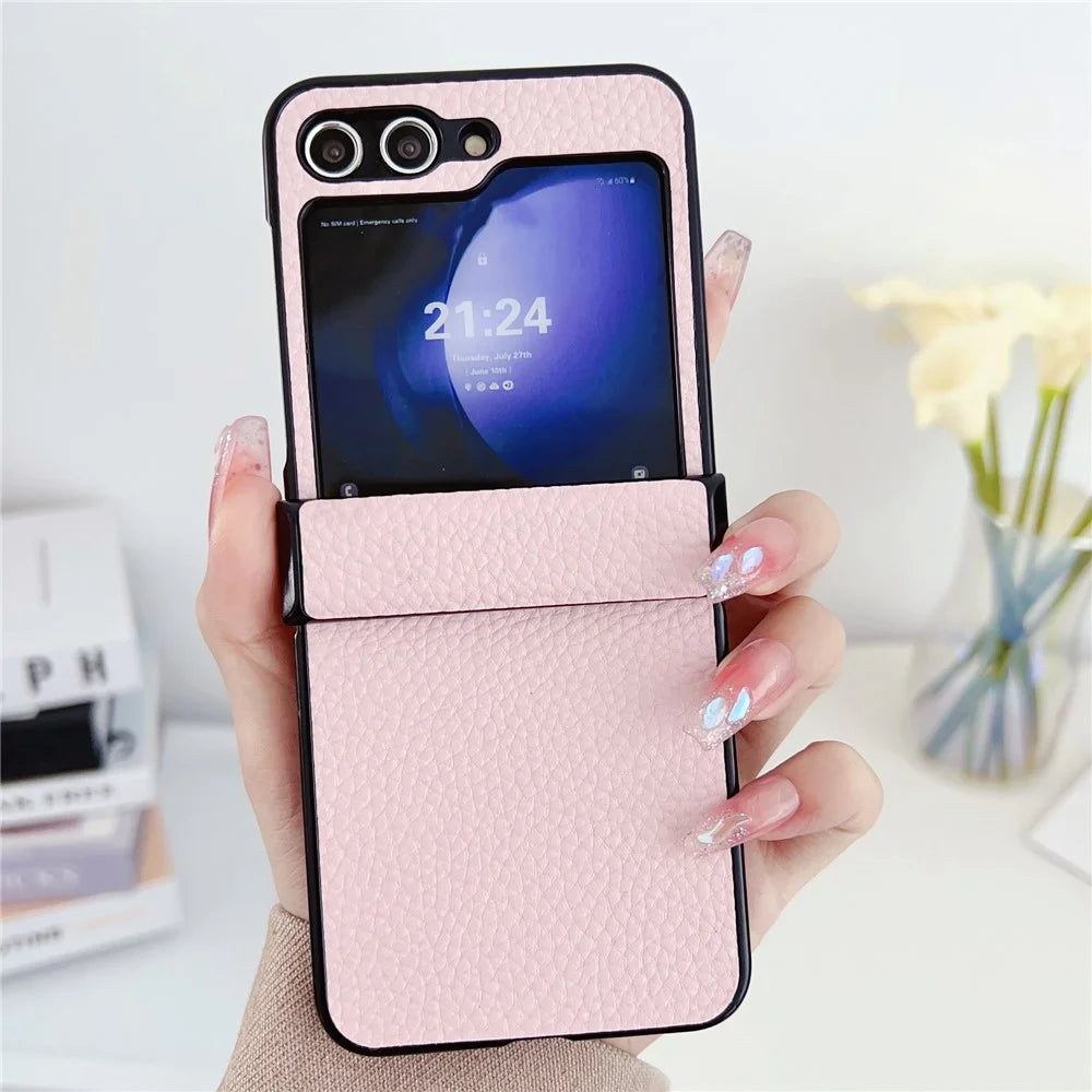 For Samsung Galaxy Z Flip7 FE 5G / Z Flip6 5G Case Hinge Protection Litchi Texture Leather + PC Phone Cover - Pink - 2