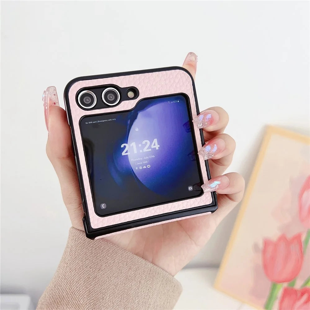 For Samsung Galaxy Z Flip7 FE 5G / Z Flip6 5G Case Hinge Protection Litchi Texture Leather + PC Phone Cover - Pink - 3