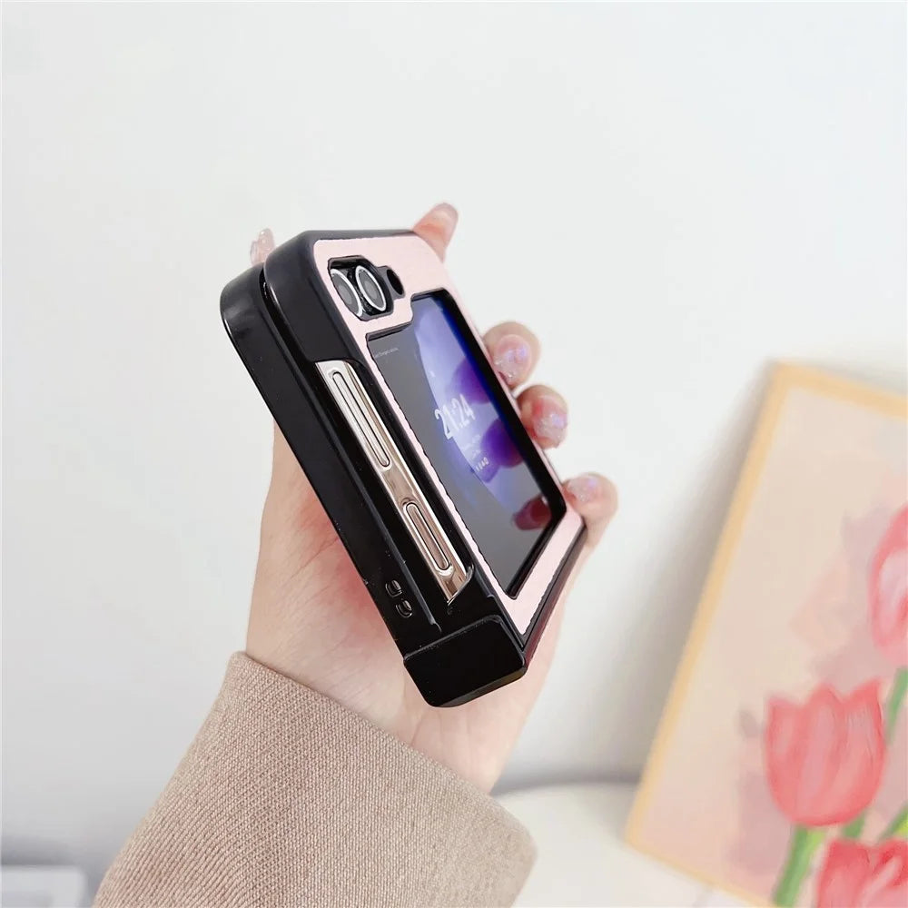 For Samsung Galaxy Z Flip7 FE 5G / Z Flip6 5G Case Hinge Protection Litchi Texture Leather + PC Phone Cover - Pink - 4
