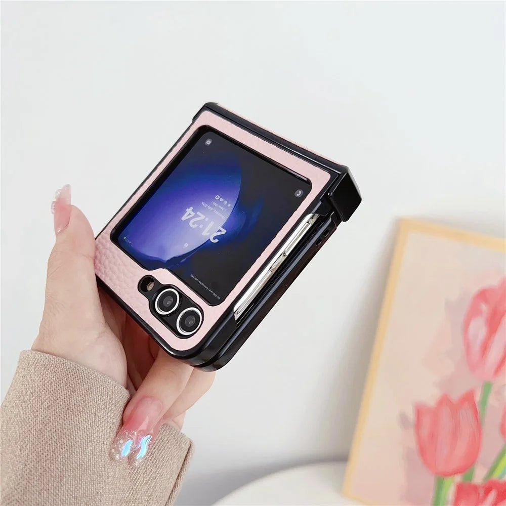 For Samsung Galaxy Z Flip7 FE 5G / Z Flip6 5G Case Hinge Protection Litchi Texture Leather + PC Phone Cover - Pink - 5