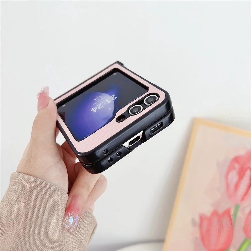 For Samsung Galaxy Z Flip7 FE 5G / Z Flip6 5G Case Hinge Protection Litchi Texture Leather + PC Phone Cover - Pink - 6
