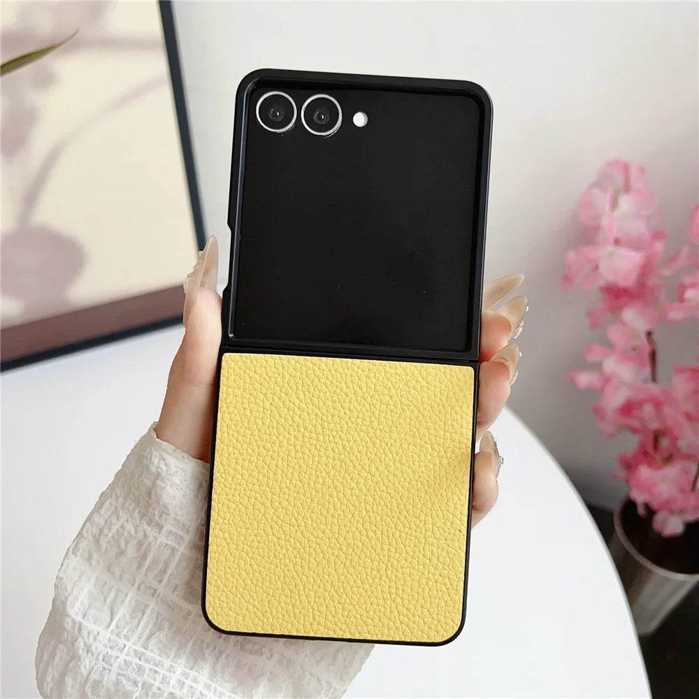 For Samsung Galaxy Z Flip7 5G Case Litchi Texture Leather + PC Shockproof Phone Cover - Yellow - 2