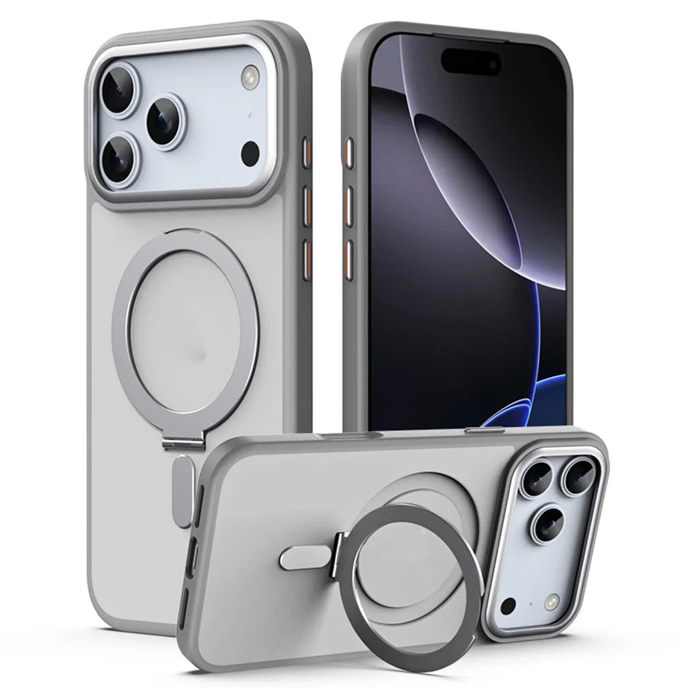 For iPhone 17 Pro Case TPU + Acrylic Hidden Magnetic Kickstand Phone Cover - Grey - 1