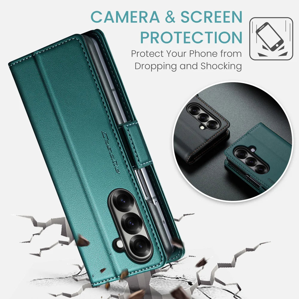 CASEME For Samsung Galaxy Z Fold7 5G Case  023 Series RFID Blocking Leather Wallet Stand Phone Cover - Green - 6