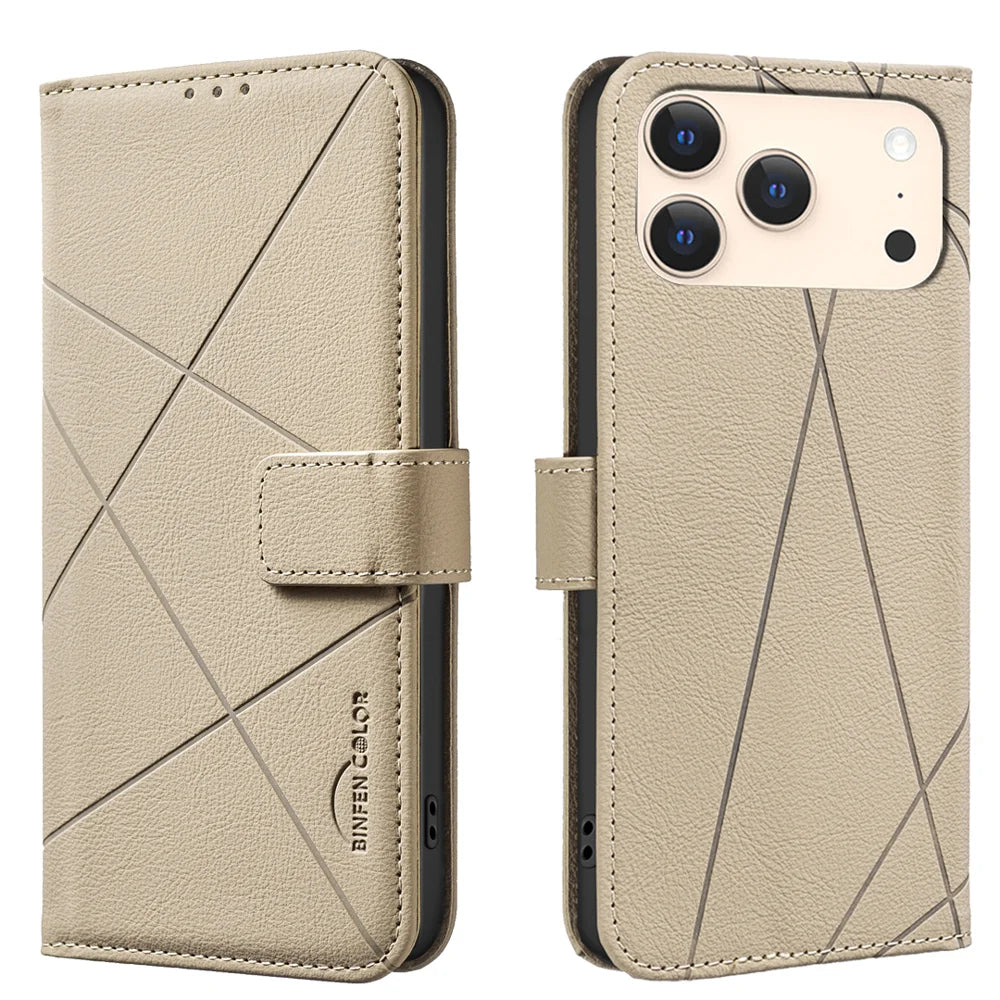 BINFEN COLOR For iPhone 18 Pro / 17 Pro Case  BF35 Geometry Imprinted Leather Phone Cover RFID Blocking Wallet Stand - Beige - 1