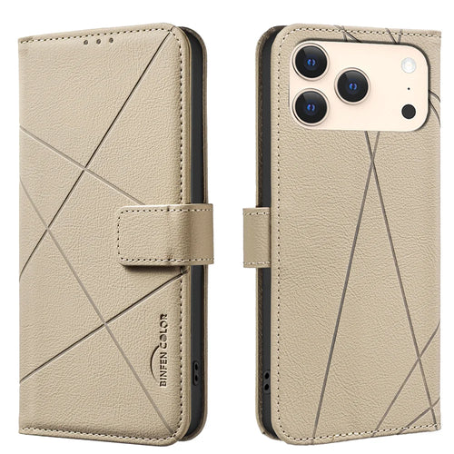 BINFEN COLOR For iPhone 18 Pro / 17 Pro Case  BF35 Geometry Imprinted Leather Phone Cover RFID Blocking Wallet Stand - Beige - 1