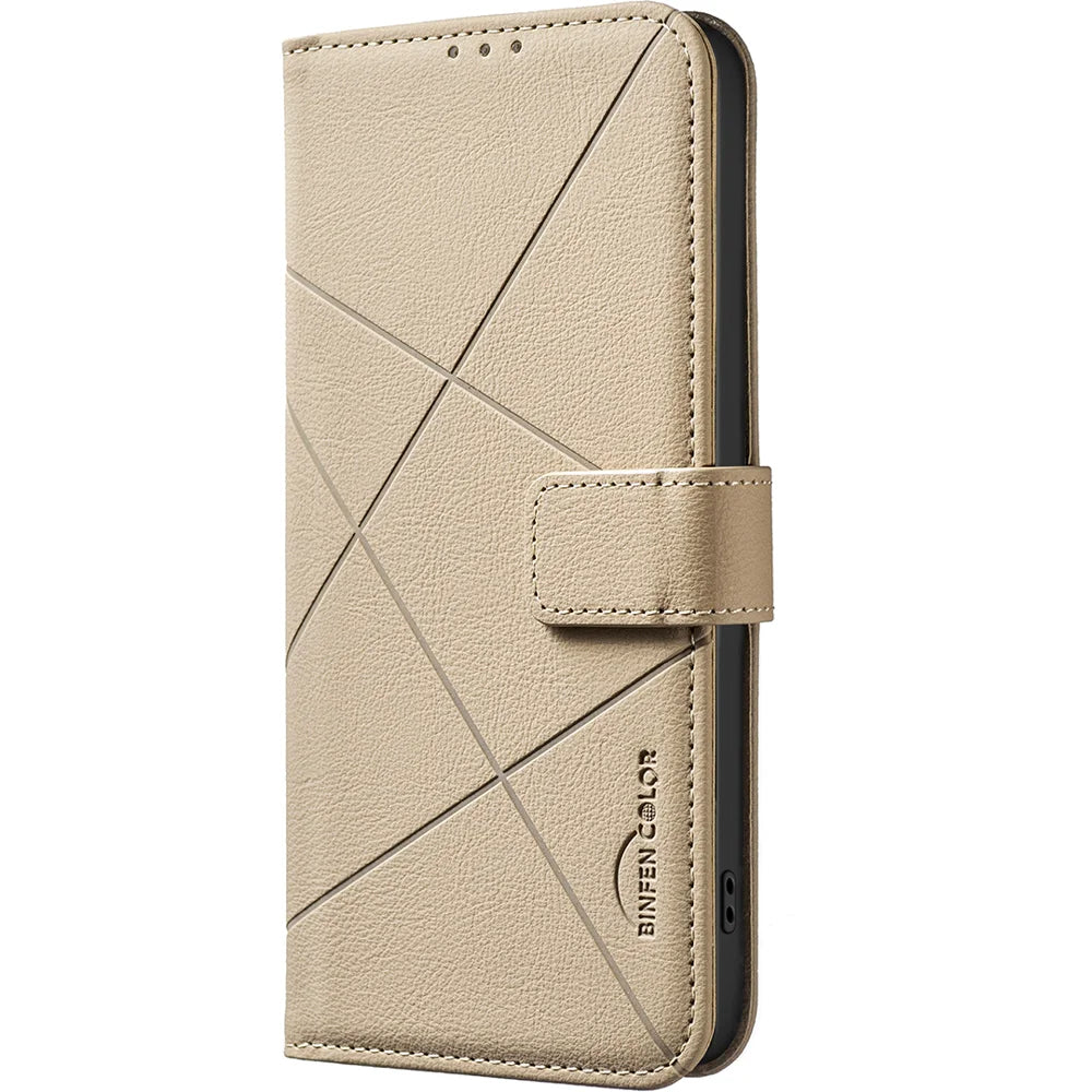 BINFEN COLOR For iPhone 18 Pro / 17 Pro Case  BF35 Geometry Imprinted Leather Phone Cover RFID Blocking Wallet Stand - Beige - 2