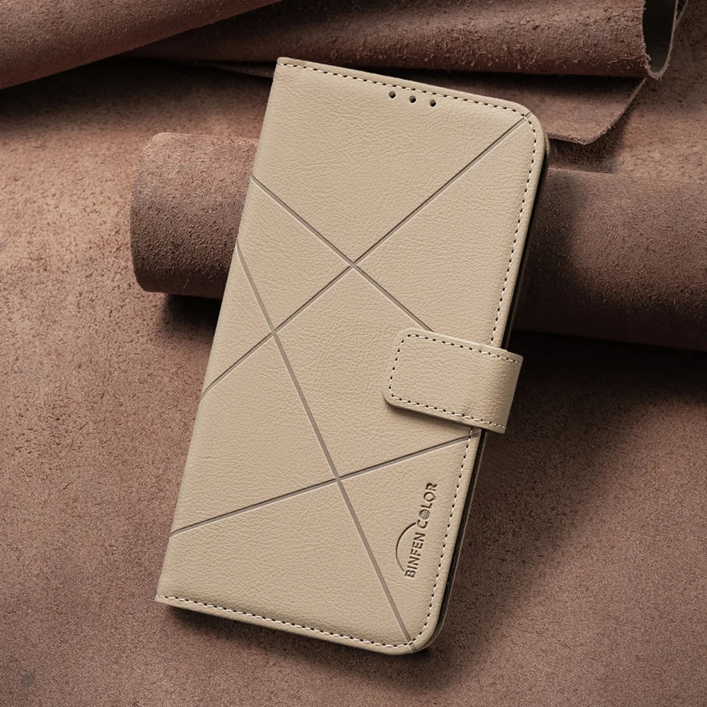 BINFEN COLOR For iPhone 18 Pro / 17 Pro Case  BF35 Geometry Imprinted Leather Phone Cover RFID Blocking Wallet Stand - Beige - 6