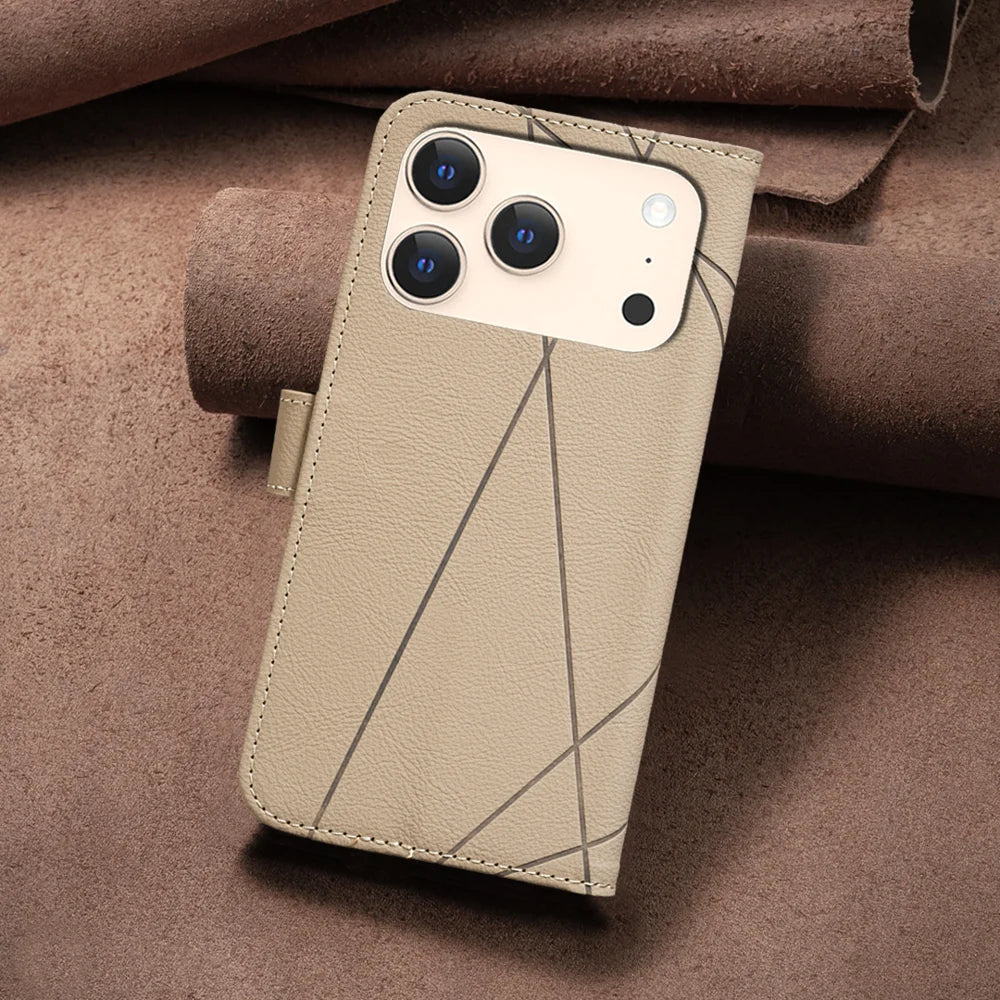 BINFEN COLOR For iPhone 18 Pro / 17 Pro Case  BF35 Geometry Imprinted Leather Phone Cover RFID Blocking Wallet Stand - Beige - 7