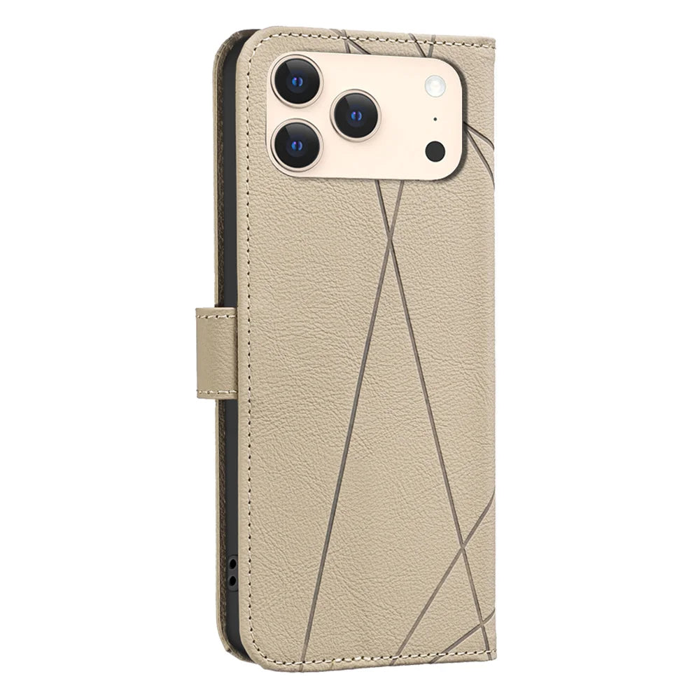 BINFEN COLOR For iPhone 18 Pro Max / 17 Pro Max Case  BF35 Geometry Imprinted Leather Phone Cover RFID Blocking Wallet Stand - Beige - 3
