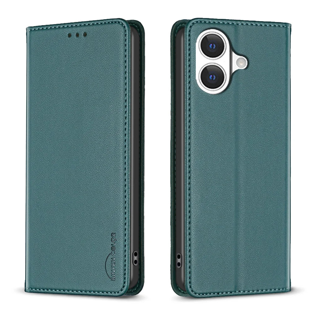 BINFEN COLOR For iPhone 17 Leather Case  BF18 Phone Stand Cover with Card Slots - Green - 1
