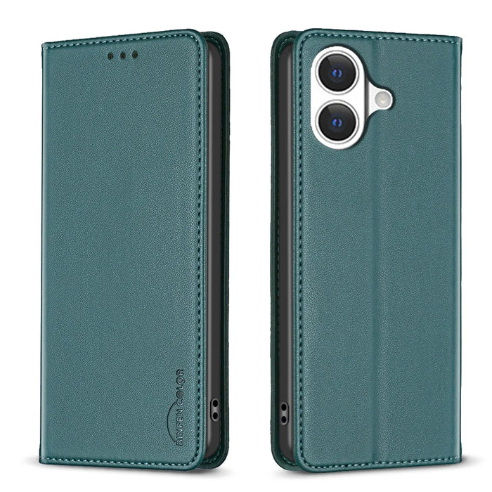 BINFEN COLOR For iPhone 17 Leather Case  BF18 Phone Stand Cover with Card Slots - Green - 1