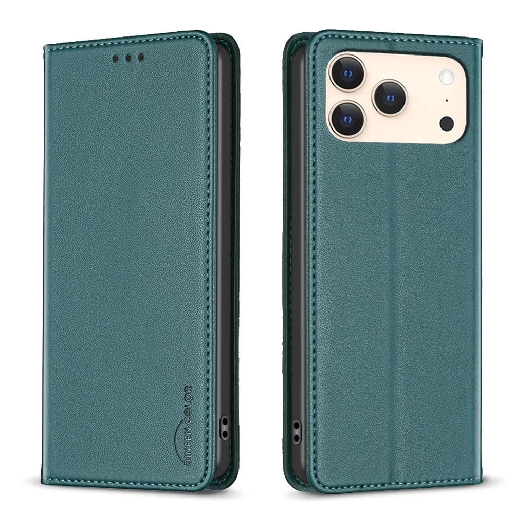 BINFEN COLOR For iPhone 18 Pro Max / 17 Pro Max Leather Case  BF18 Phone Stand Cover with Card Slots - Green - 1