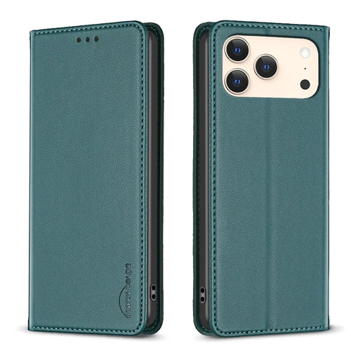 BINFEN COLOR For iPhone 18 Pro / 17 Pro Leather Case  BF18 Phone Stand Cover with Card Slots - Green - 1