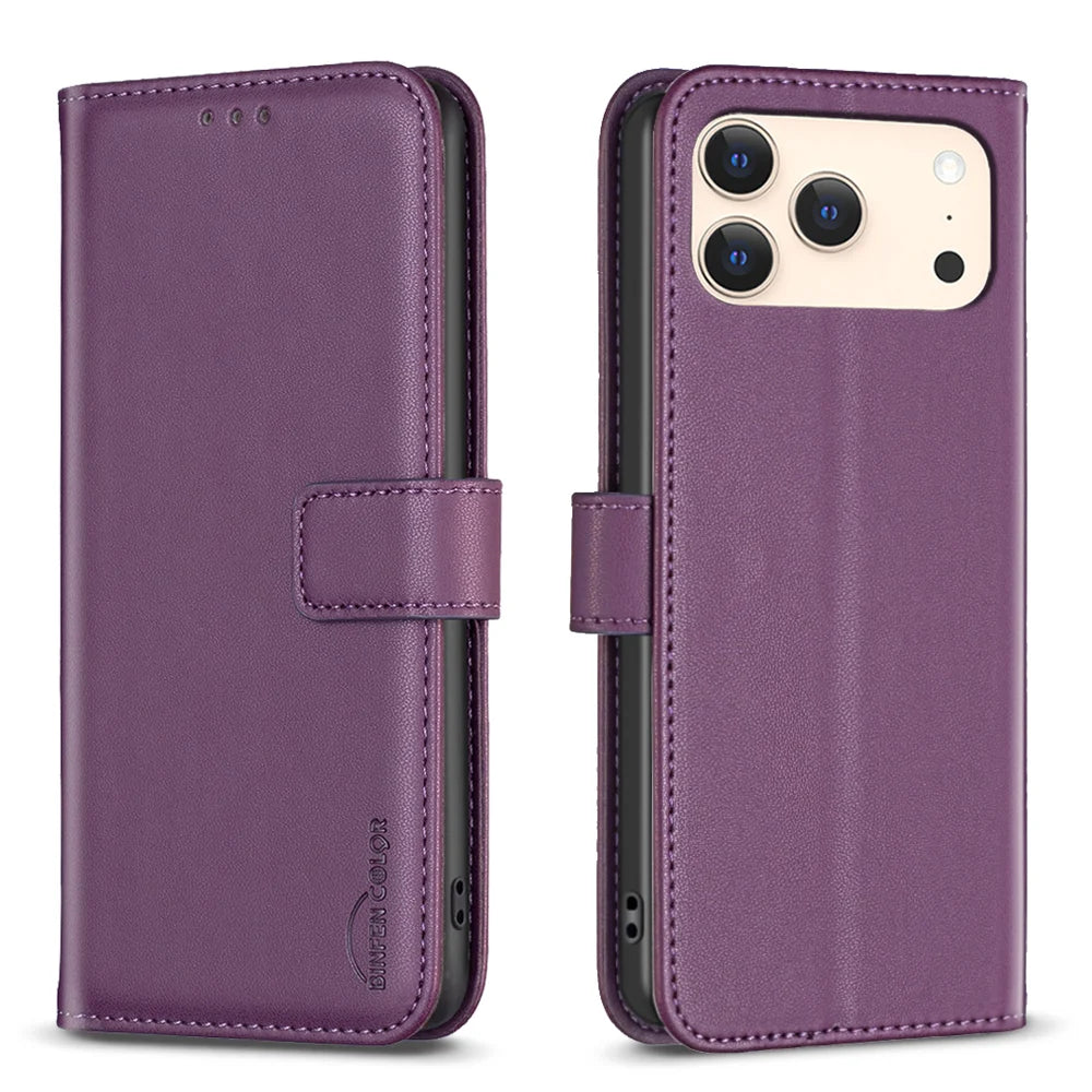 BINFEN COLOR For iPhone 18 Pro Max / 17 Pro Max Phone Case  BF17 Wallet Folio Flip Leather Cover - Dark Purple - 1