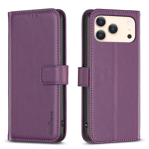 BINFEN COLOR For iPhone 18 Pro / 17 Pro Phone Case  BF17 Wallet Folio Flip Leather Cover - Dark Purple - 1