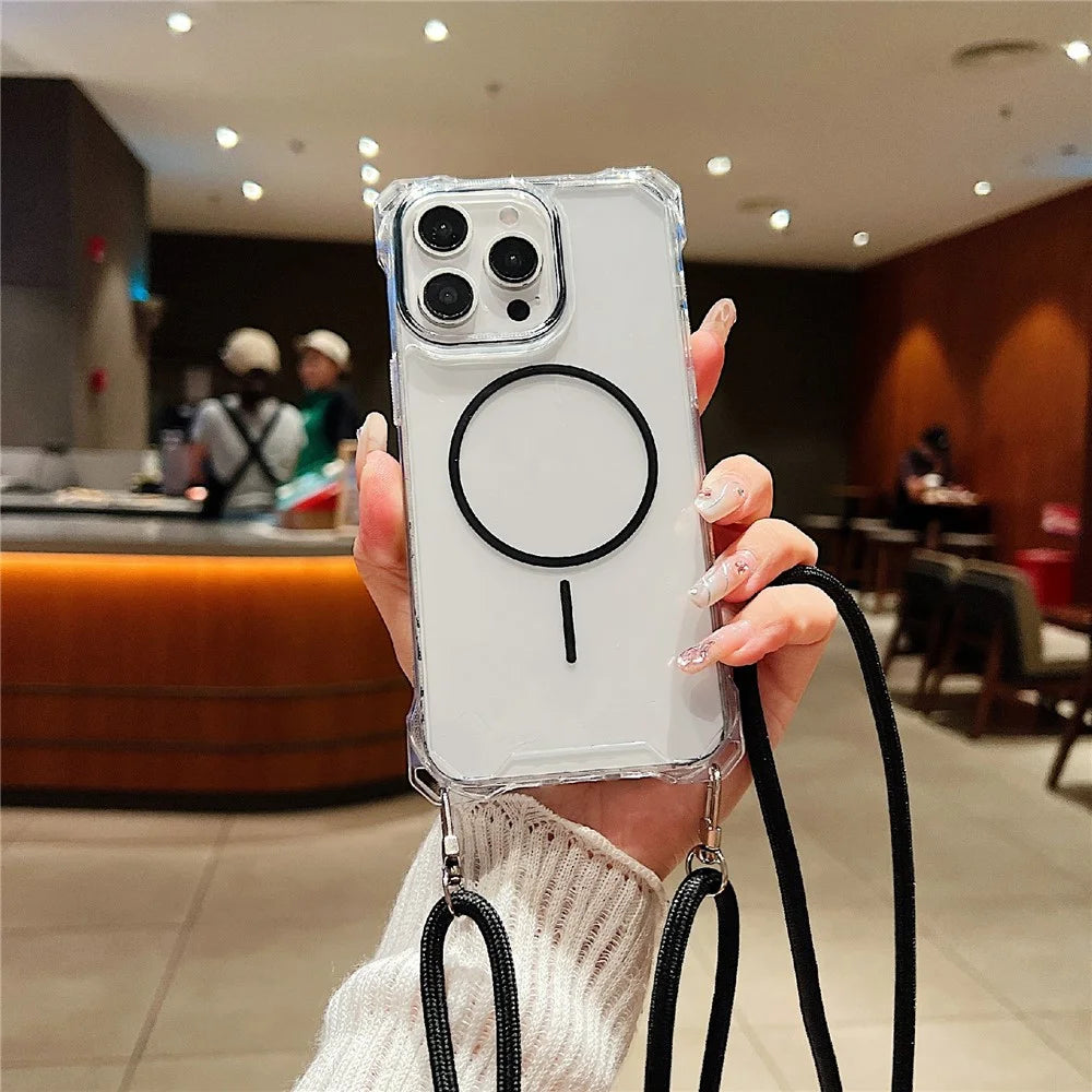 For iPhone 16 Pro Magnetic Case with Lanyard Drop-Proof TPU + PC Phone Back Cover - Black - 1