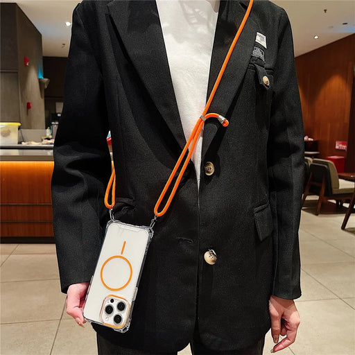 For iPhone 15 Pro Magnetic Case with Lanyard Drop-Proof TPU + PC Phone Back Cover - Orange - 2