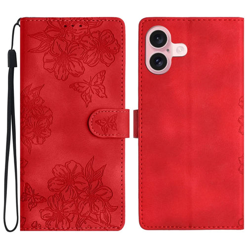 For iPhone 17 Case Butterfly Flower Pattern Skin-Touch Leather Phone Cover - Red - 1
