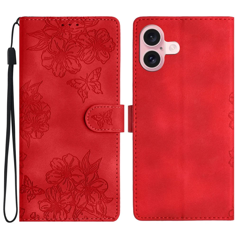 For iPhone 17 Case Butterfly Flower Pattern Skin-Touch Leather Phone Cover - Red - 1