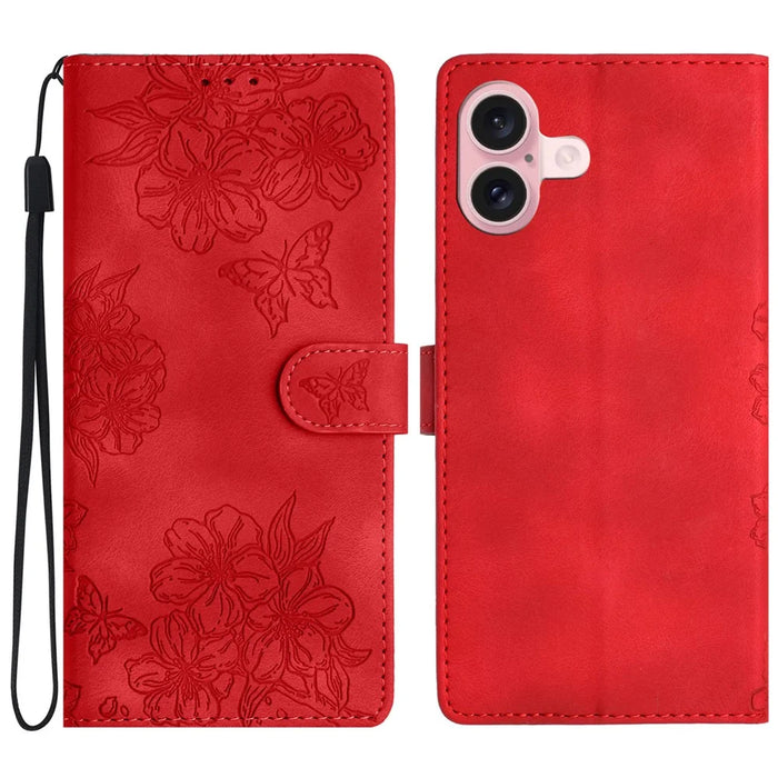 For iPhone 17 Case Butterfly Flower Pattern Skin-Touch Leather Phone Cover - Red - 1