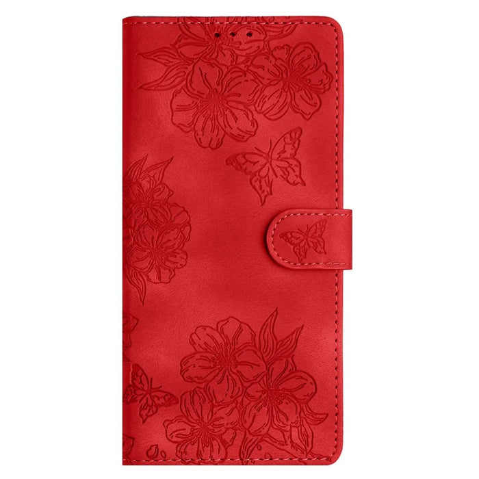 For iPhone 17 Case Butterfly Flower Pattern Skin-Touch Leather Phone Cover - Red - 7