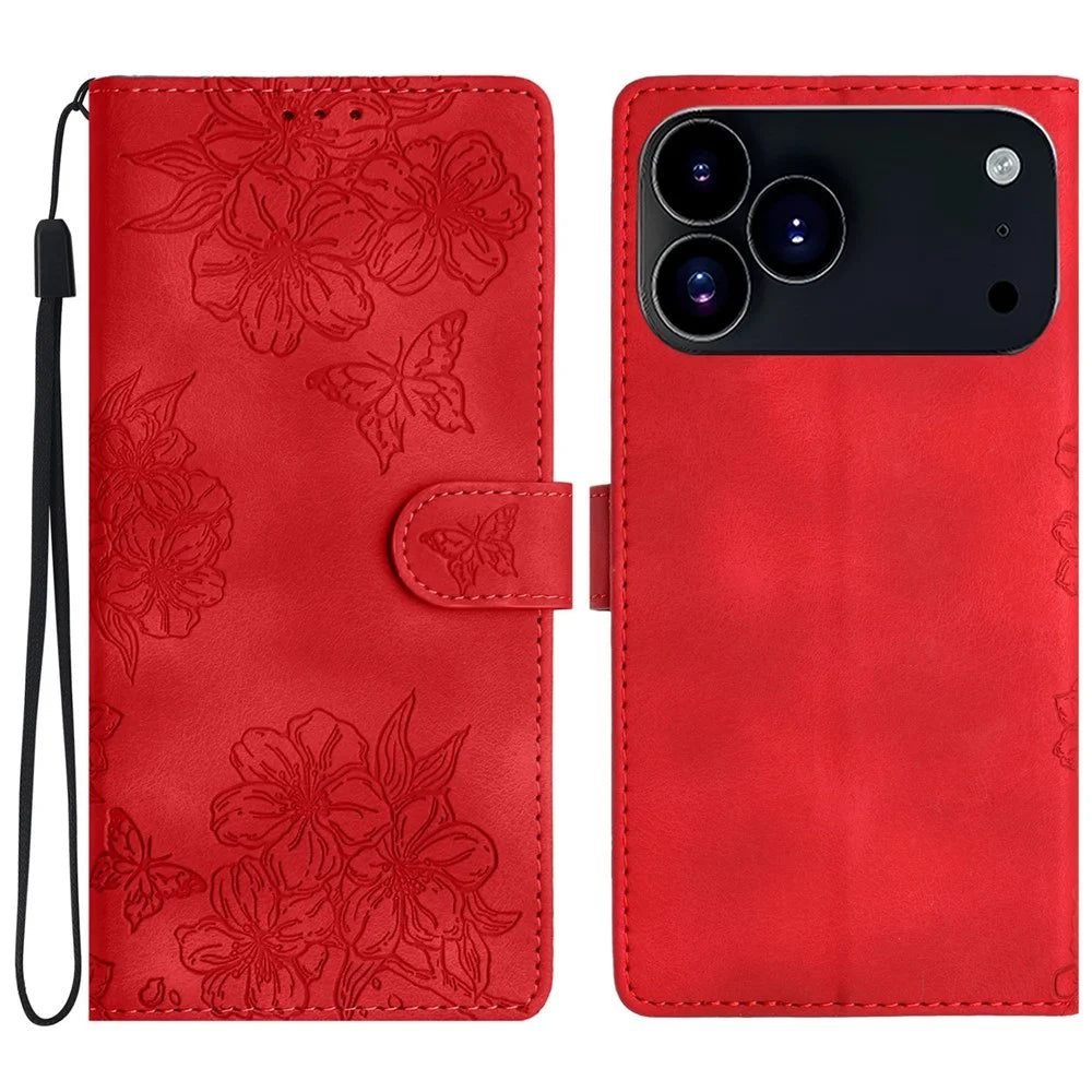 For iPhone 18 Pro / 17  Pro Case Butterfly Flower Pattern Skin-Touch Leather Phone Cover - Red - 1