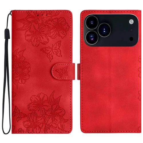For iPhone 18 Pro Max / 17 Pro Max Case Butterfly Flower Pattern Skin-Touch Leather Phone Cover - Red - 1