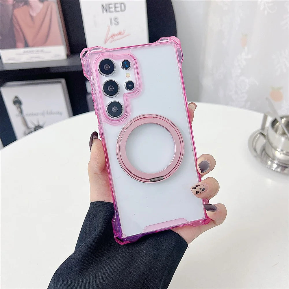 For Samsung Galaxy S24 Ultra Magnetic Case Ring Kickstand TPU + PC Phone Cover - Pink - 1
