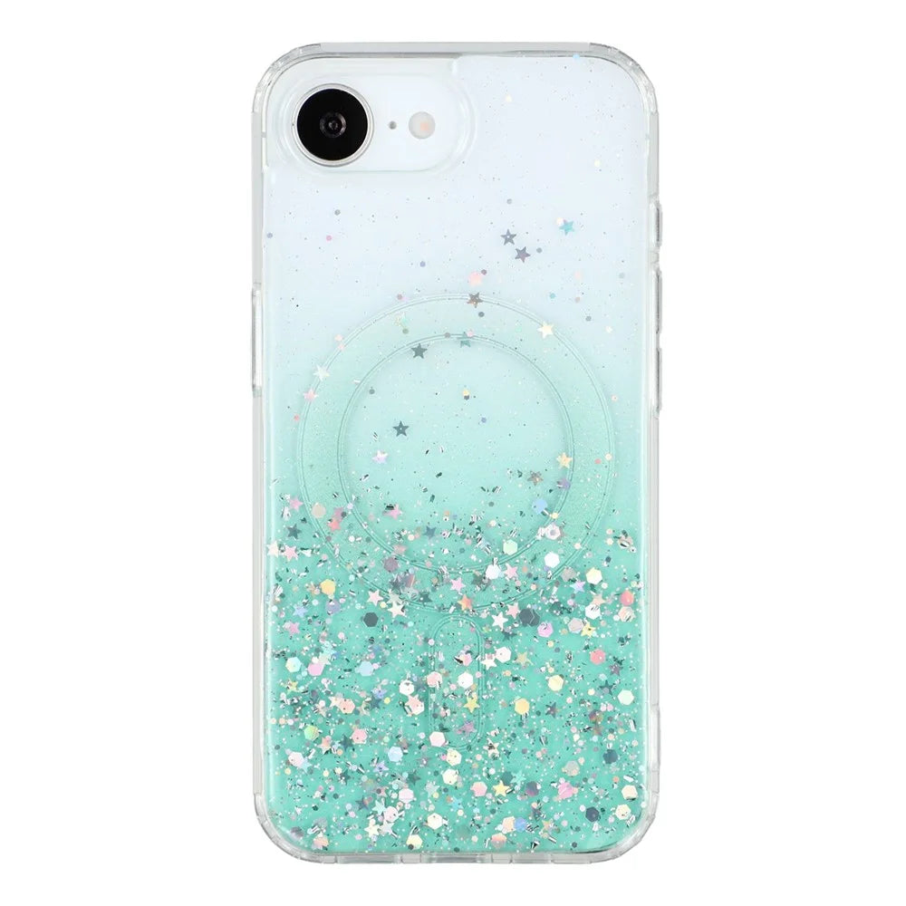 For iPhone 17e / 16e Case Compatible with MagSafe Sparkle Epoxy TPU + Acrylic Phone Cover - Green - 3