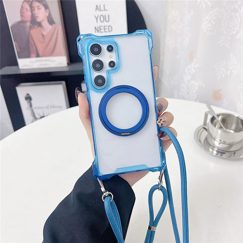 For Samsung Galaxy S24 Ultra Magnetic Case Ring Kickstand TPU + PC Phone Cover with Lanyard - Blue - 1
