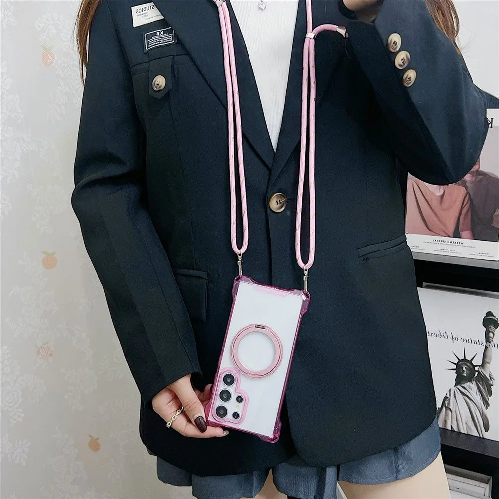 For Samsung Galaxy S24 Ultra Magnetic Case Ring Kickstand TPU + PC Phone Cover with Lanyard - Blue - 3