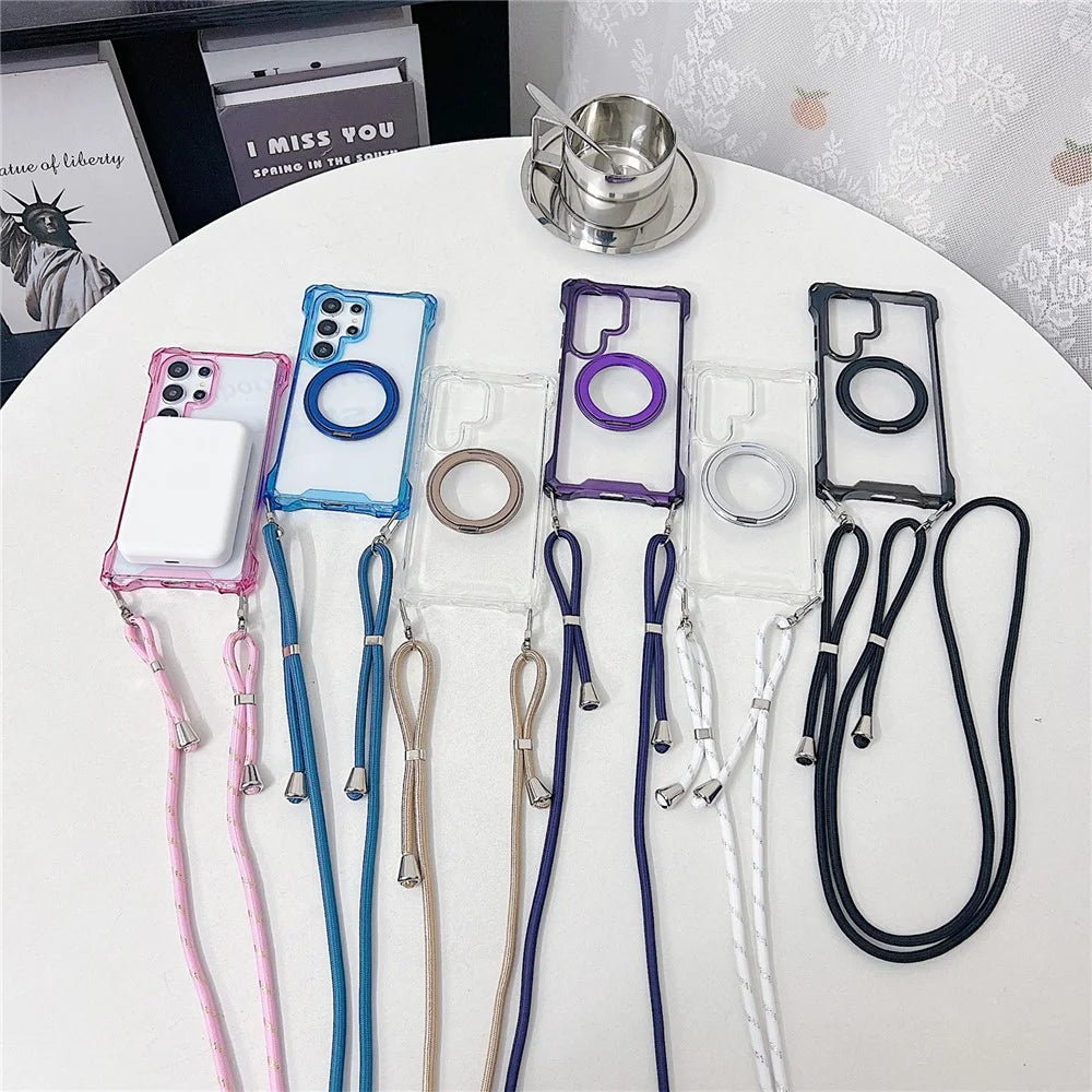 For Samsung Galaxy S24 Ultra Magnetic Case Ring Kickstand TPU + PC Phone Cover with Lanyard - Blue - 4