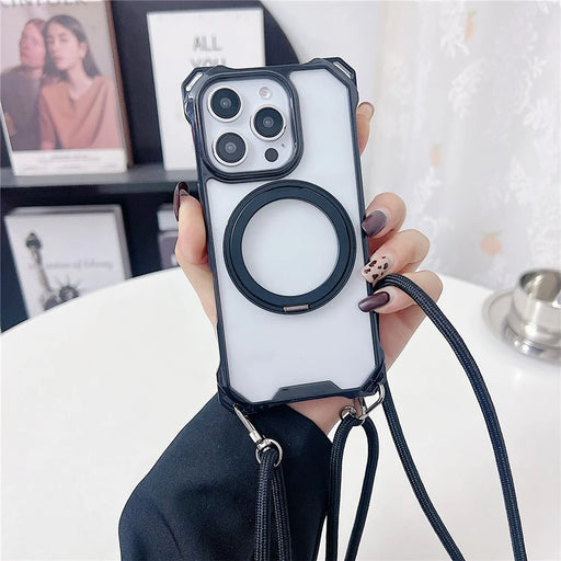 For iPhone 16 Pro Max Magnetic Case Ring Kickstand TPU + PC Phone Cover with Lanyard - Black - 1