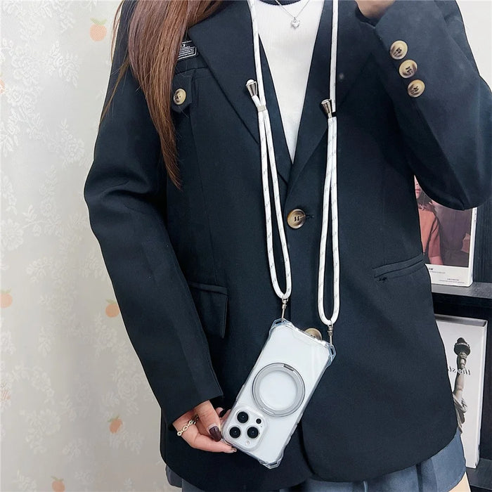 For iPhone 15 Pro Magnetic Case Ring Kickstand TPU + PC Phone Cover with Lanyard - Black - 5