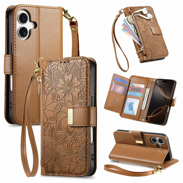 For iPhone 16 Case Floral Leaf Pattern Multi Card Slots Zipper Leather Phone Cover with Wrist Strap - Brown - 1