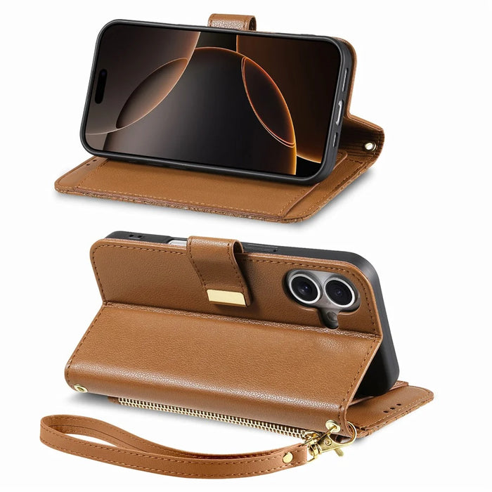 For iPhone 16 Case Floral Leaf Pattern Multi Card Slots Zipper Leather Phone Cover with Wrist Strap - Brown - 3