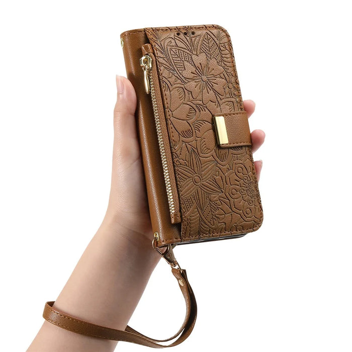 For iPhone 16 Case Floral Leaf Pattern Multi Card Slots Zipper Leather Phone Cover with Wrist Strap - Brown - 4