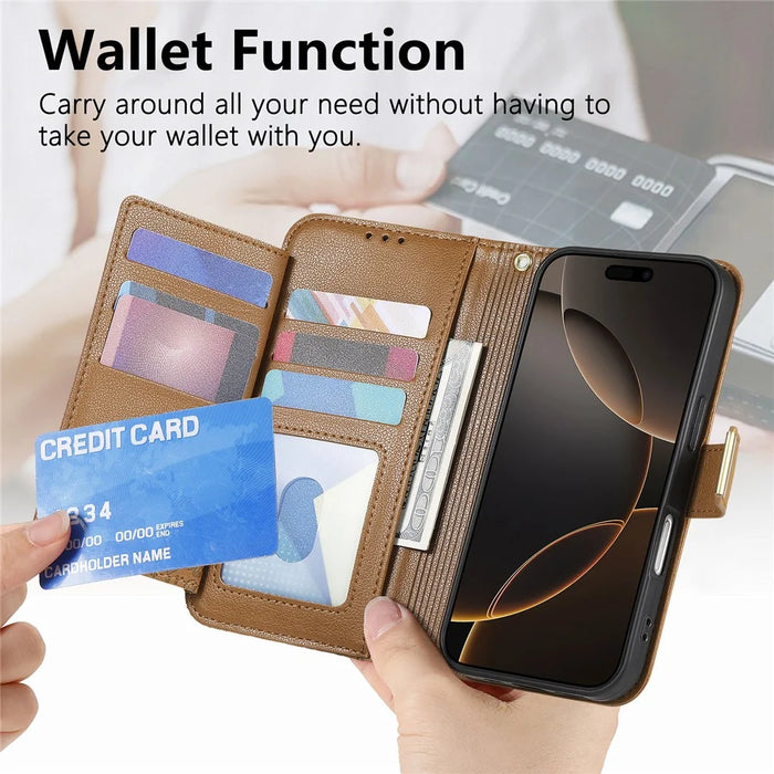 For iPhone 16 Case Floral Leaf Pattern Multi Card Slots Zipper Leather Phone Cover with Wrist Strap - Brown - 6