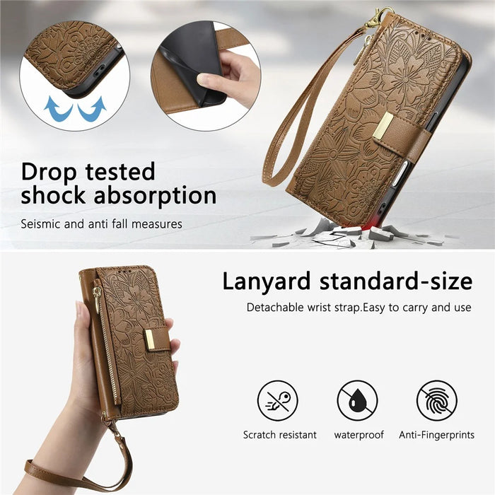 For iPhone 16 Case Floral Leaf Pattern Multi Card Slots Zipper Leather Phone Cover with Wrist Strap - Brown - 7