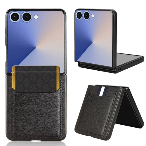 For Samsung Galaxy Z Flip7 5G Case Card Holder Litchi Texture Leather + PC Phone Cover - Black - 1