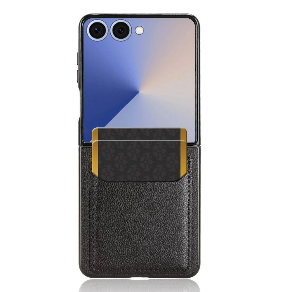 For Samsung Galaxy Z Flip7 5G Case Card Holder Litchi Texture Leather + PC Phone Cover - Black - 5