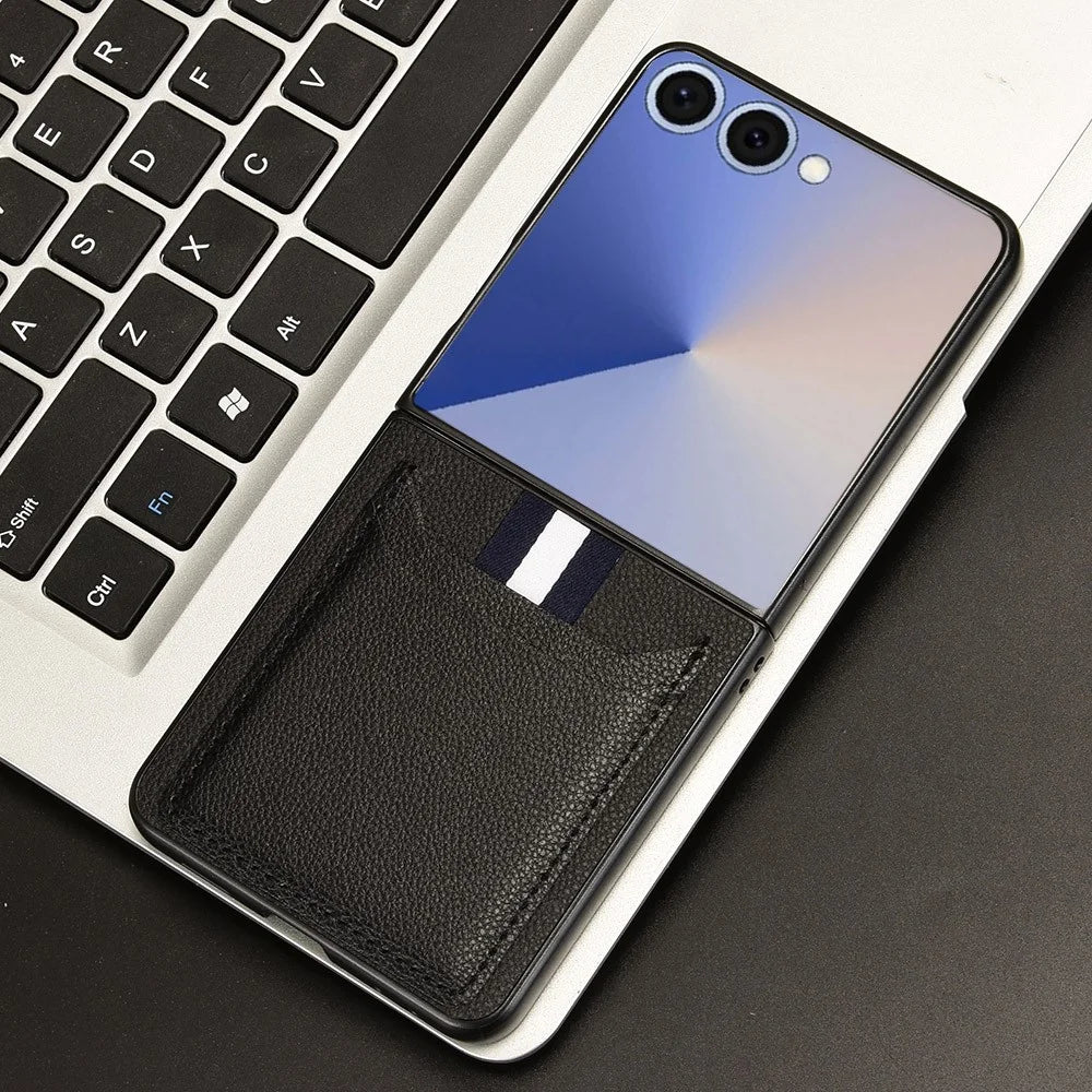 For Samsung Galaxy Z Flip7 5G Case Card Holder Litchi Texture Leather + PC Phone Cover - Black - 6