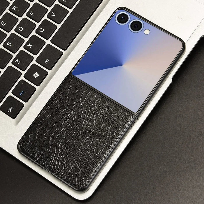 For Samsung Galaxy Z Flip7 5G Case Crocodile Texture Leather Coated Hard PC Phone Cover - Black - 6