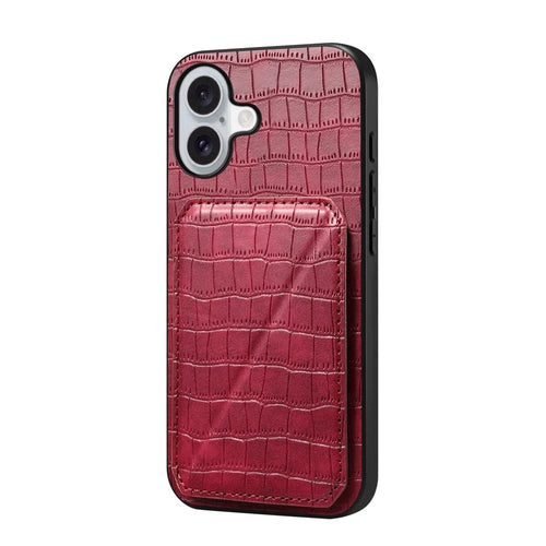 For iPhone 17 Case with Card Holder Leather + PC + TPU Crocodile Textured Back Cover - Rose - 1