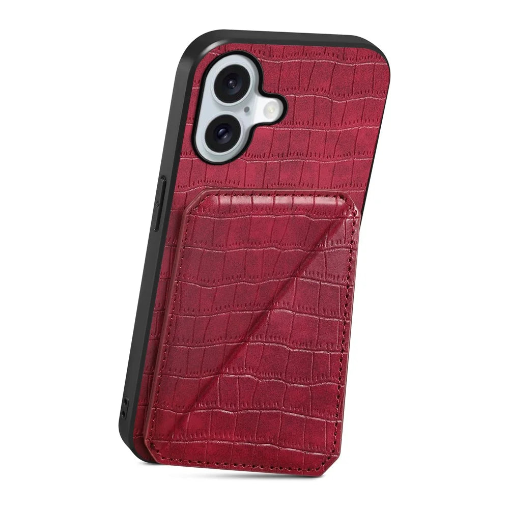 For iPhone 17 Case with Card Holder Leather + PC + TPU Crocodile Textured Back Cover - Rose - 2