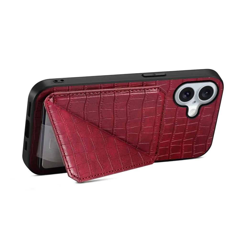 For iPhone 17 Case with Card Holder Leather + PC + TPU Crocodile Textured Back Cover - Rose - 3