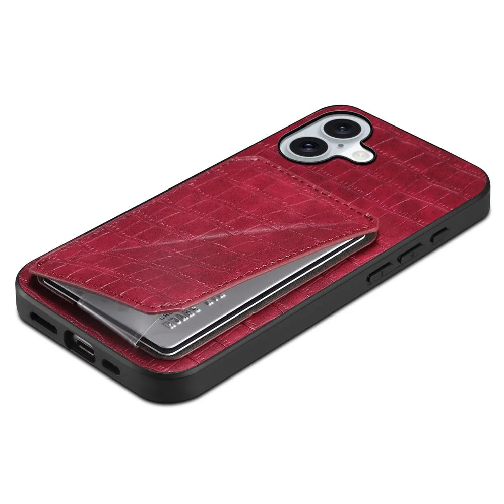 For iPhone 17 Case with Card Holder Leather + PC + TPU Crocodile Textured Back Cover - Rose - 4