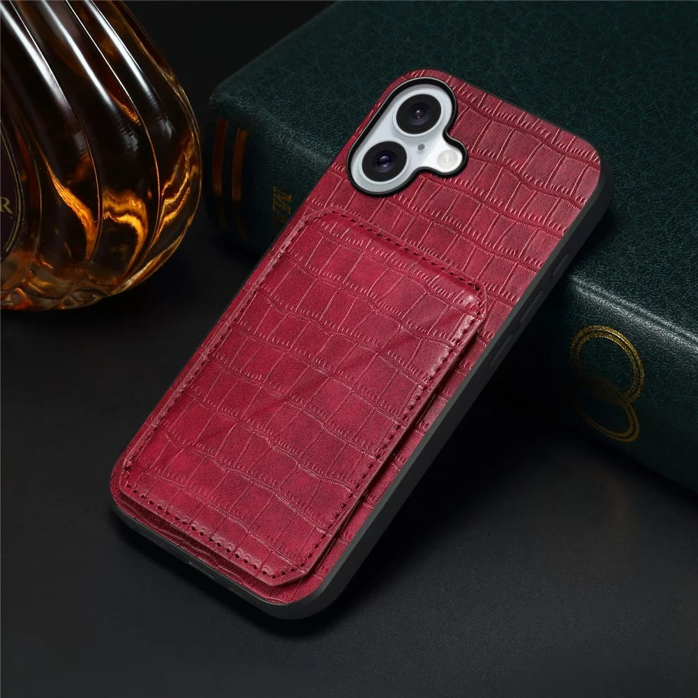For iPhone 17 Case with Card Holder Leather + PC + TPU Crocodile Textured Back Cover - Rose - 5